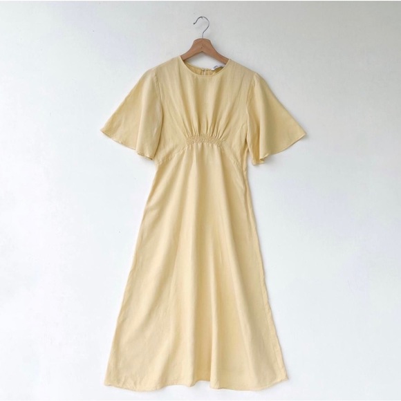 Zara Light Yellow Flutter Sleeve Midi Dress with Stretchy Panels - Picture 1 of 7